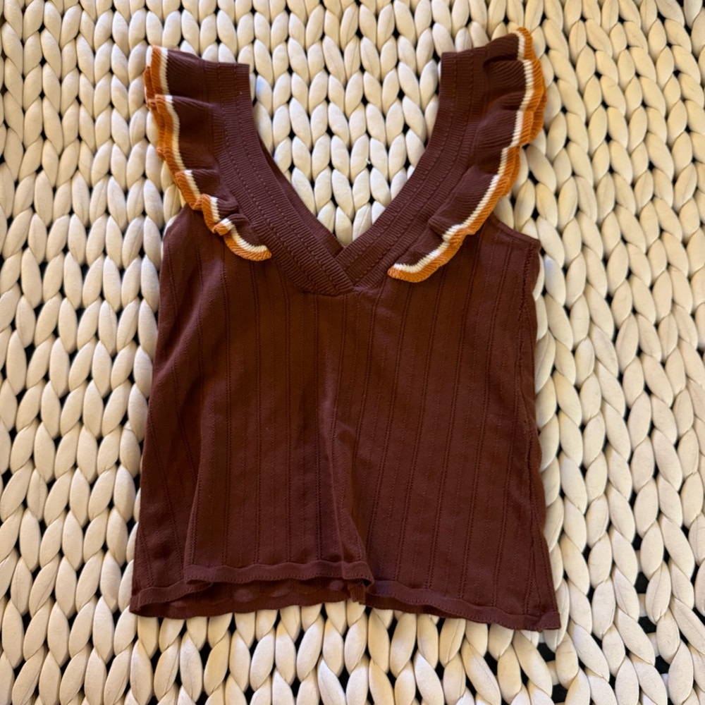 Sezane brown flutter sleeve knit blouse